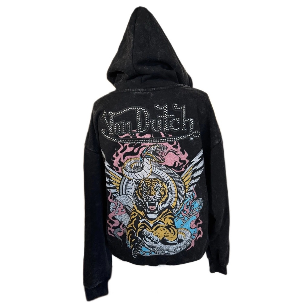 Von Dutch Rhinestone Full-zip Acid-washed Oversized Hoodie - Picture 4 of 6